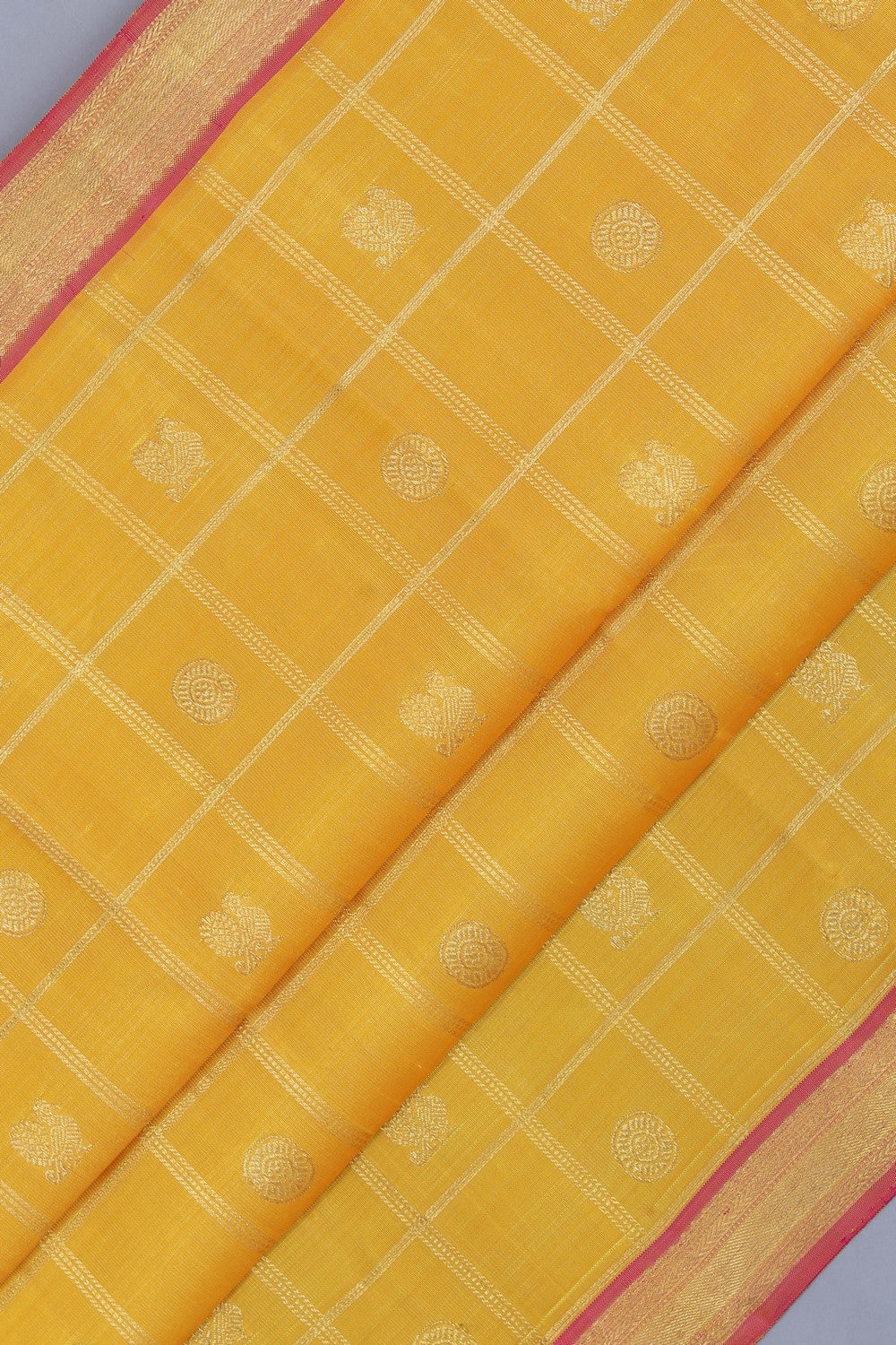 Image of Kanchipuram Silk Kattam Yellow Saree